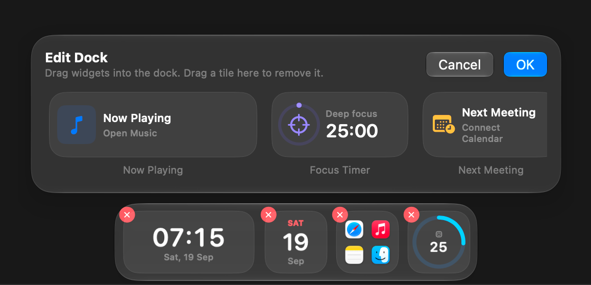 OpenDock edit mode, with Now Playing, Focus Timer, and Next Meeting widgets available above a customizable dock.